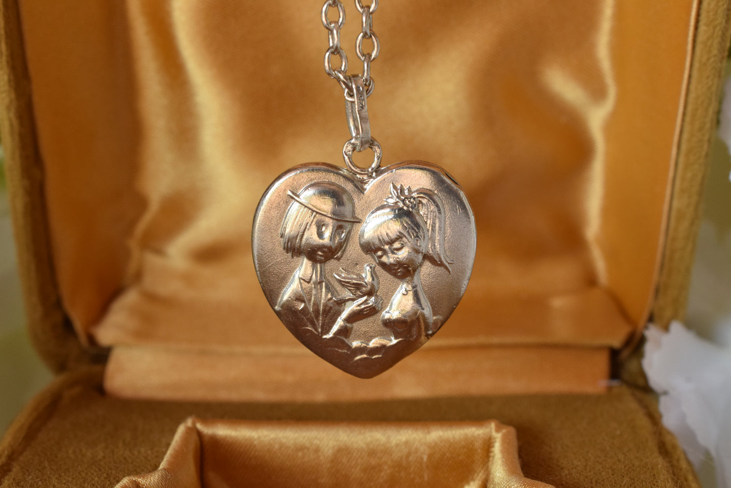 Antique French Sterling Silver Heart Pendant Necklace, "Les Amoureux de Peynet" Lovers Medallion, Vintage 1960s Romantic Charm, Signed Contaux