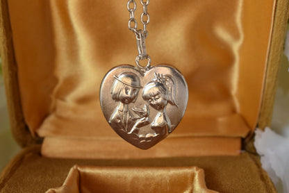 Antique French Sterling Silver Heart Pendant Necklace, "Les Amoureux de Peynet" Lovers Medallion, Vintage 1960s Romantic Charm, Signed Contaux