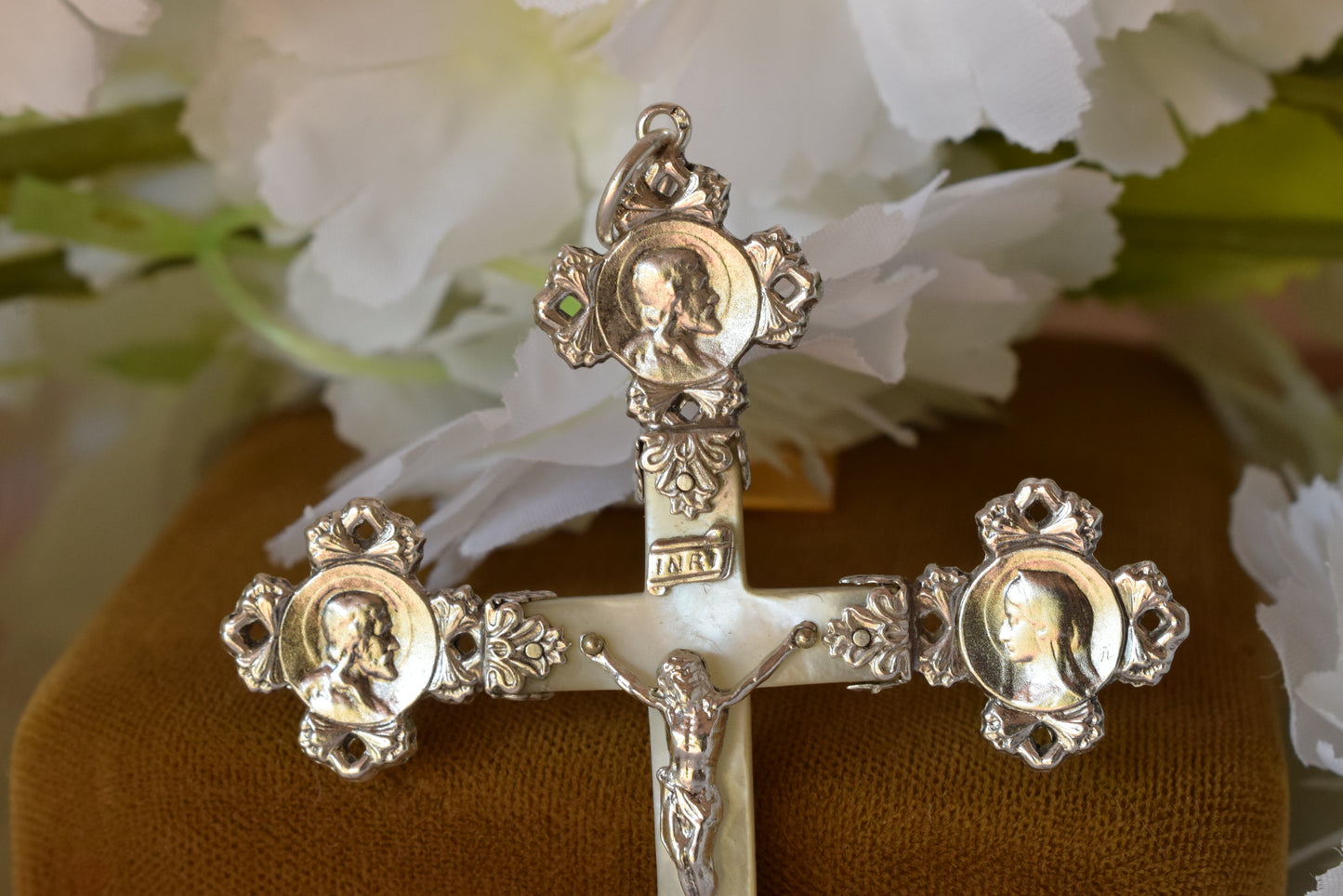Antique French Silver Mother of Pearl Cross Pendant, Weevil "Charançon" Hallmark 800 Silver, Religious Crucifix with Christ & Virgin Mary Medallions, Belle Époque Mission Cross
