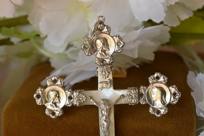 Antique French Silver Mother of Pearl Cross Pendant, Weevil "Charançon" Hallmark 800 Silver, Religious Crucifix with Christ & Virgin Mary Medallions, Belle Époque Mission Cross