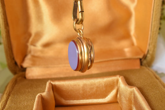 Antique Victorian 19th Century Gold-Plated Fob Pendant, Carnelian & Banded Agate Double-Sided Charm, Small Watch Chain Fob