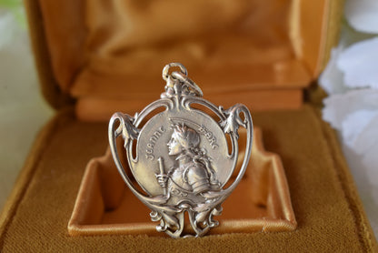 Antique Joan of Arc Medal Solid Silver 800 Art Nouveau Rare French Pendant 1900s