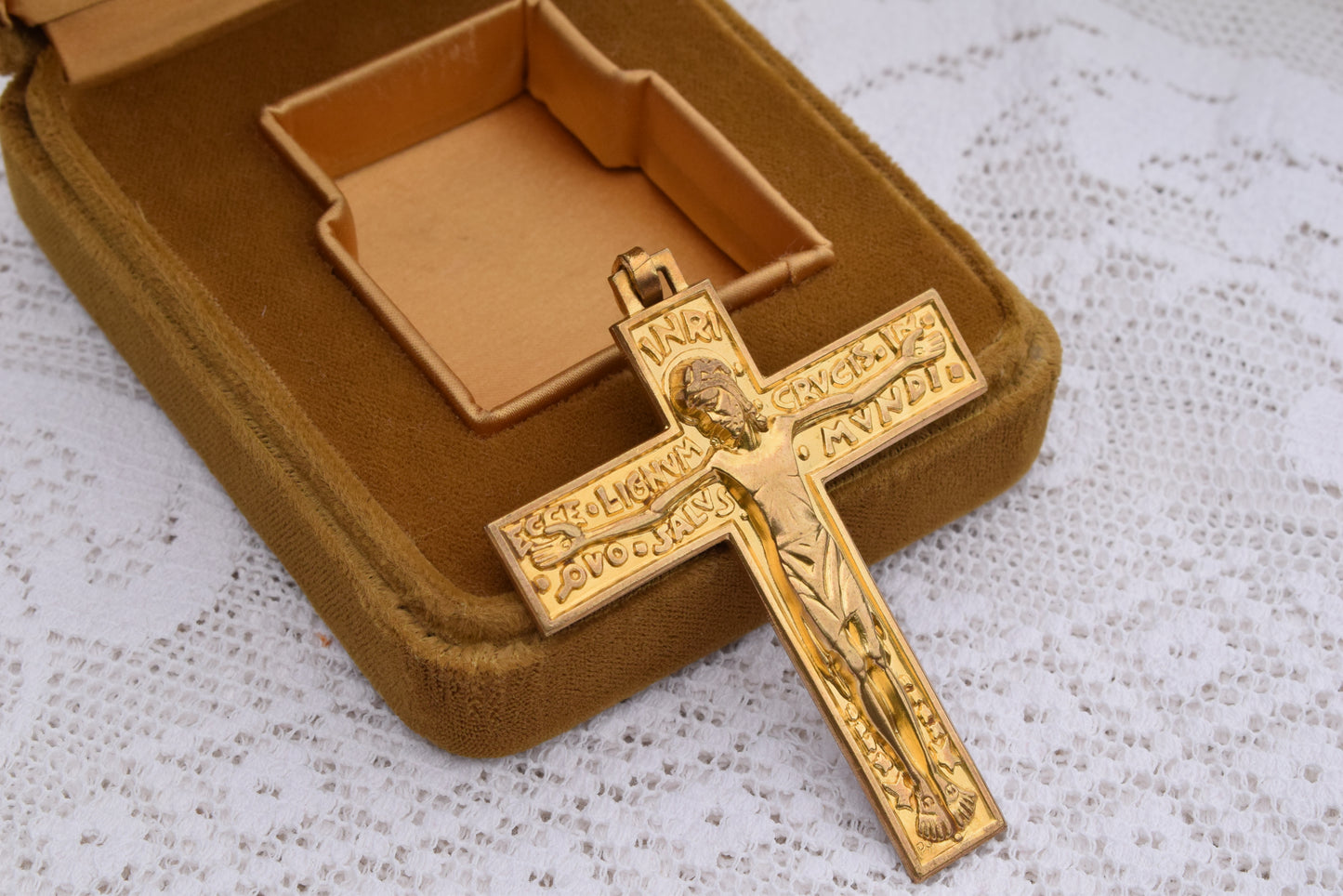 Antique French Art Deco Crucifix Pendant Signed Fernand Py Gilt Bronze Cross Ecce Lignum Crucis 1920s Religious Jewelry