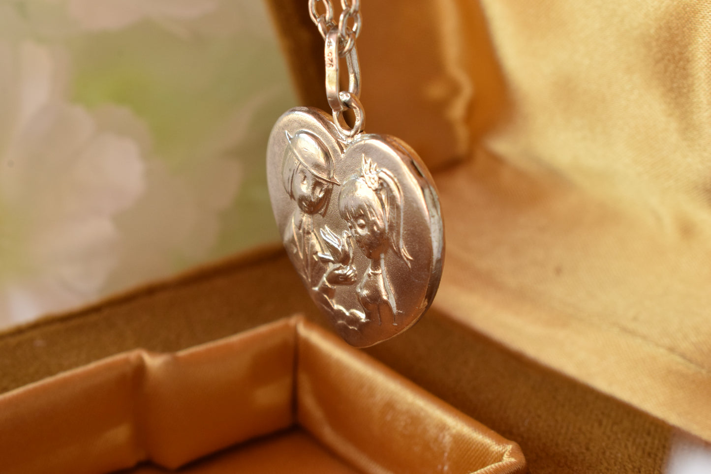 Antique French Sterling Silver Heart Pendant Necklace, "Les Amoureux de Peynet" Lovers Medallion, Vintage 1960s Romantic Charm, Signed Contaux