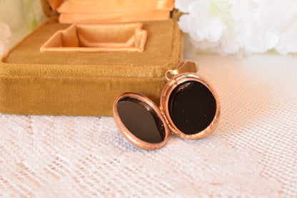 Antique Victorian Oval Locket Pendant, Gold Filled Black Cabochon, 1880s-1900s Mourning Style Jewelry, Photo Locket Necklace
