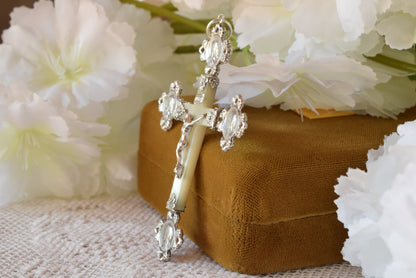 Antique French Silver Mother of Pearl Cross Pendant, Weevil "Charançon" Hallmark 800 Silver, Religious Crucifix with Christ & Virgin Mary Medallions, Belle Époque Mission Cross