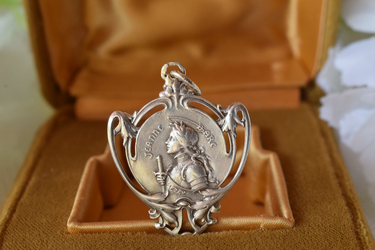 Antique Joan of Arc Medal Solid Silver 800 Art Nouveau Rare French Pendant 1900s