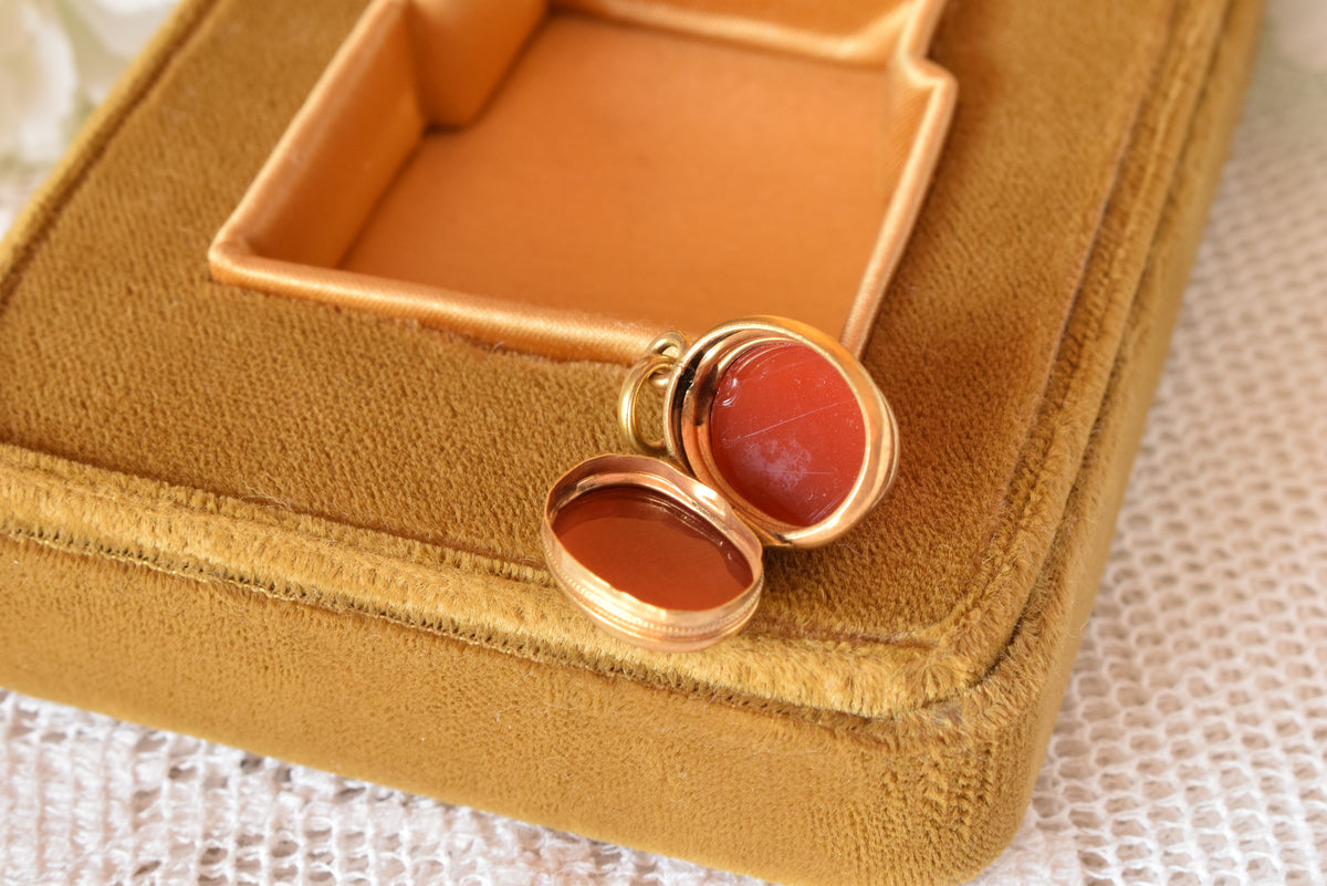 Antique Victorian 19th Century Gold-Plated Fob Pendant, Carnelian & Banded Agate Double-Sided Charm, Small Watch Chain Fob