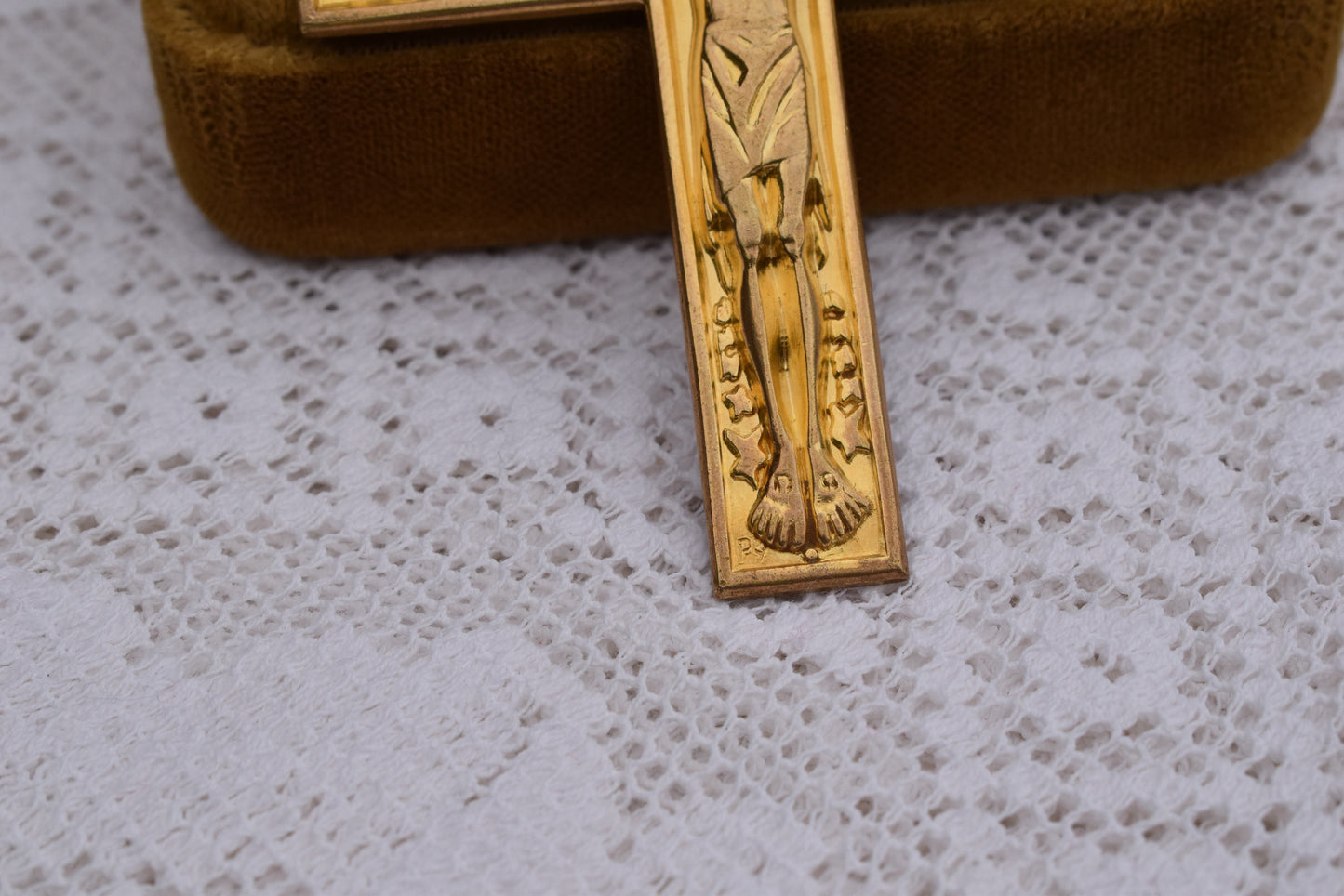 Antique French Art Deco Crucifix Pendant Signed Fernand Py Gilt Bronze Cross Ecce Lignum Crucis 1920s Religious Jewelry