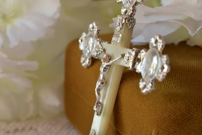 Antique French Silver Mother of Pearl Cross Pendant, Weevil "Charançon" Hallmark 800 Silver, Religious Crucifix with Christ & Virgin Mary Medallions, Belle Époque Mission Cross