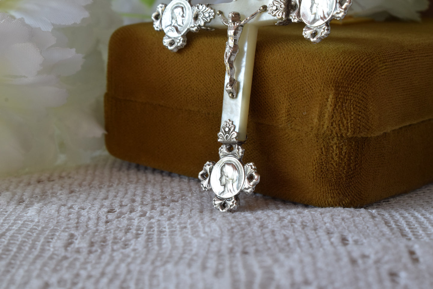 Antique French Silver Mother of Pearl Cross Pendant, Weevil "Charançon" Hallmark 800 Silver, Religious Crucifix with Christ & Virgin Mary Medallions, Belle Époque Mission Cross