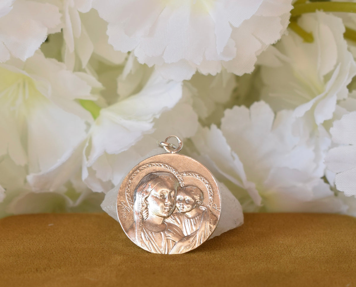 Antique Sterling Silver Madonna and Child Medal Signed KARO – French Religious Pendant with Lily, 25mm