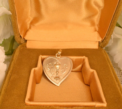 Antique French Heart Religious Medal, Vermeil Gold-Plated Solid Silver, Chalice Host Flowers Engraved 1898, First Communion Jewelry