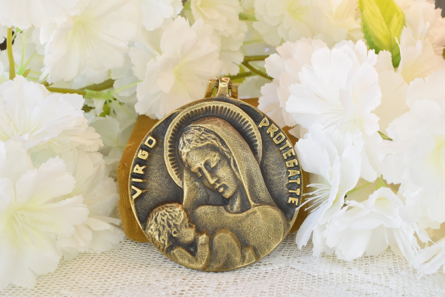 Antique French Bronze Medal Virgin and Child by Elie Pellegrin - Virgo Protegat Te - Vintage Religious Medallion