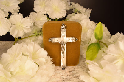 Large Antique Mother of Pearl & Solid Silver Cross Pendant, 19th Century Hallmarked French Crucifix
