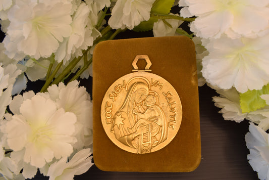 Antique Bronze Medal 24K Gold Plated Virgin And Child Signed P.Y Religious Medallion Antique Pendant Devotion Sacred Art
