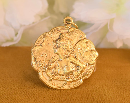 Antique French Art Nouveau Butterfly Woman Pendant, Gold Plated Medal, Floral Fairy Nymph Jewelry, Circa 1900