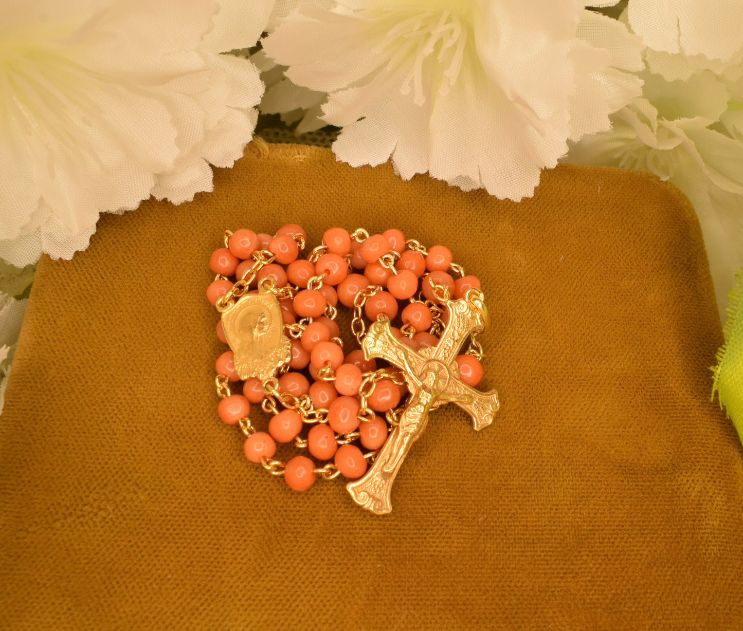 Antique Silver Vermeil Rosary Hallmarked Coral Beads - 19th Century French Religious Chapelet with Cross and Marian Medal - Antique Devotional Jewelry