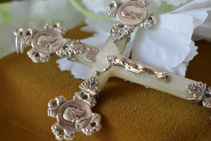 Antique French Silver Mother of Pearl Cross Pendant, Weevil "Charançon" Hallmark 800 Silver, Religious Crucifix with Christ & Virgin Mary Medallions, Belle Époque Mission Cross