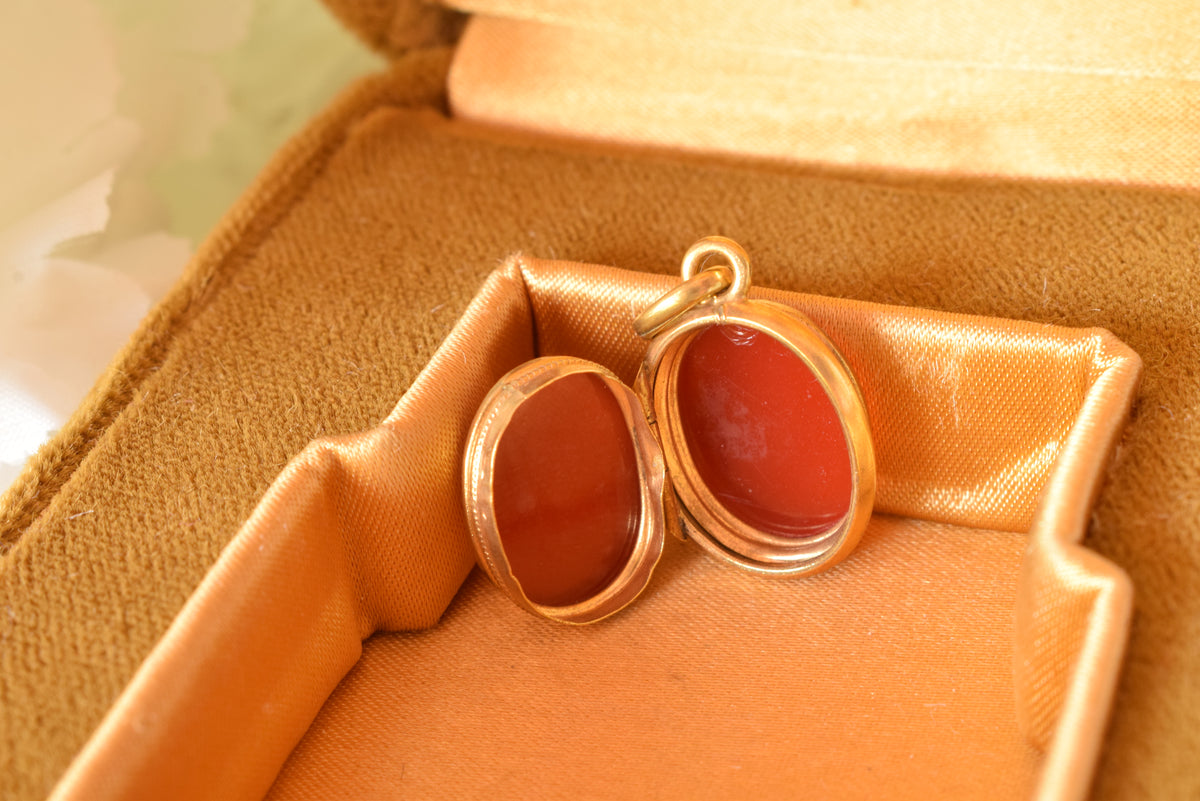 Antique Victorian 19th Century Gold-Plated Fob Pendant, Carnelian & Banded Agate Double-Sided Charm, Small Watch Chain Fob
