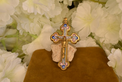 Antique Italian Pectoral Cross Micro-Ceramic Gilt Brass Crucifix Religious Antique Vatican Rome Souvenir Collectible Jewelry
