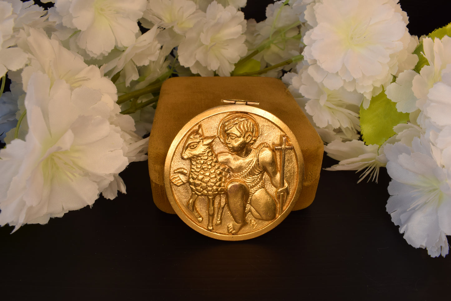 Antique Bronze Gilt Saint John the Baptist Medal, Gold Plated, Signed PY - Vintage Religious Medallion 5.8cm