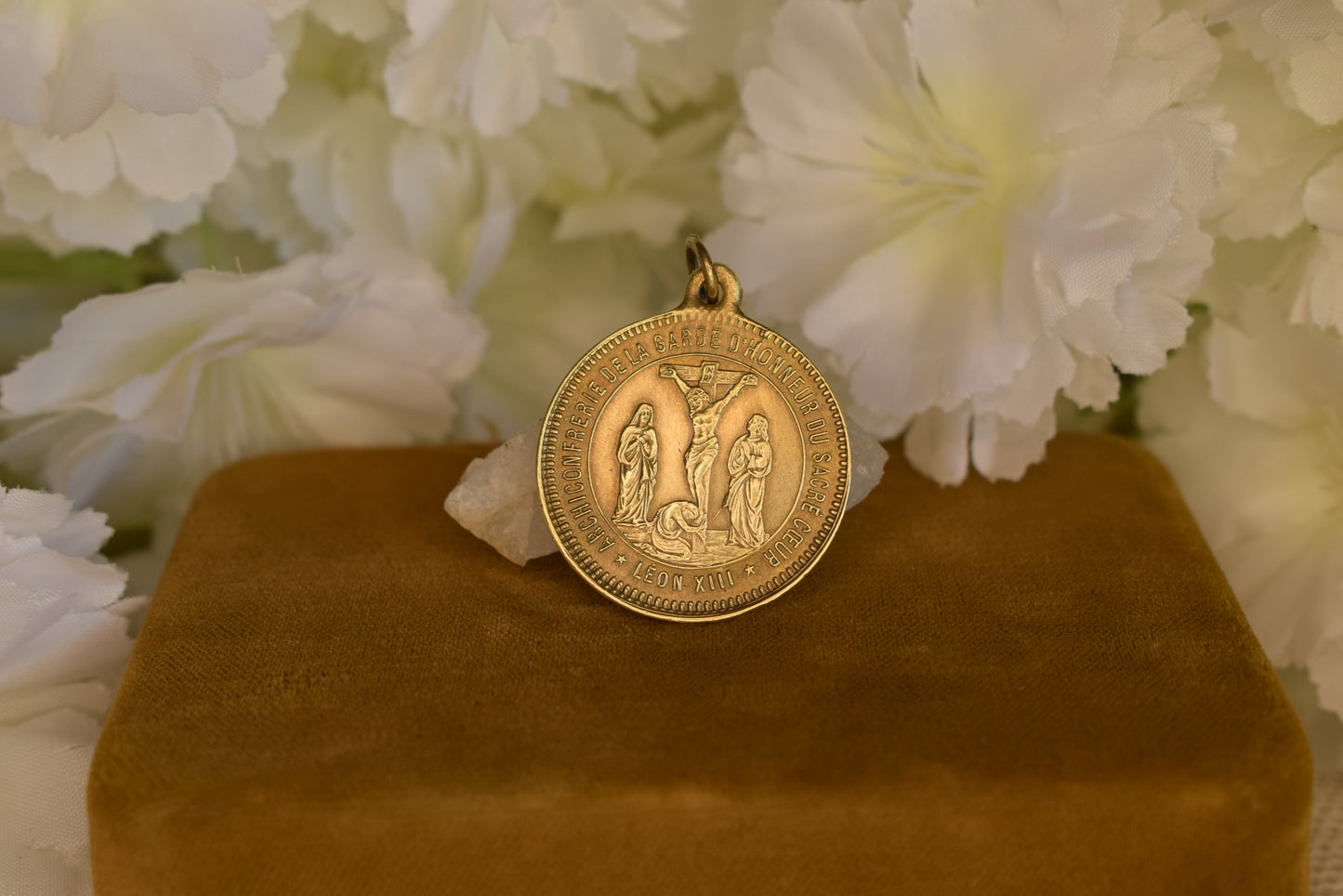 Antique Bronze Religious Medal ✦ Sacred Heart, Virgin Mary, St John & Mary Magdalene ✦ Pope Leo XIII ✦ Guard of Honor ✦ Signed Penin Lyon 19th C