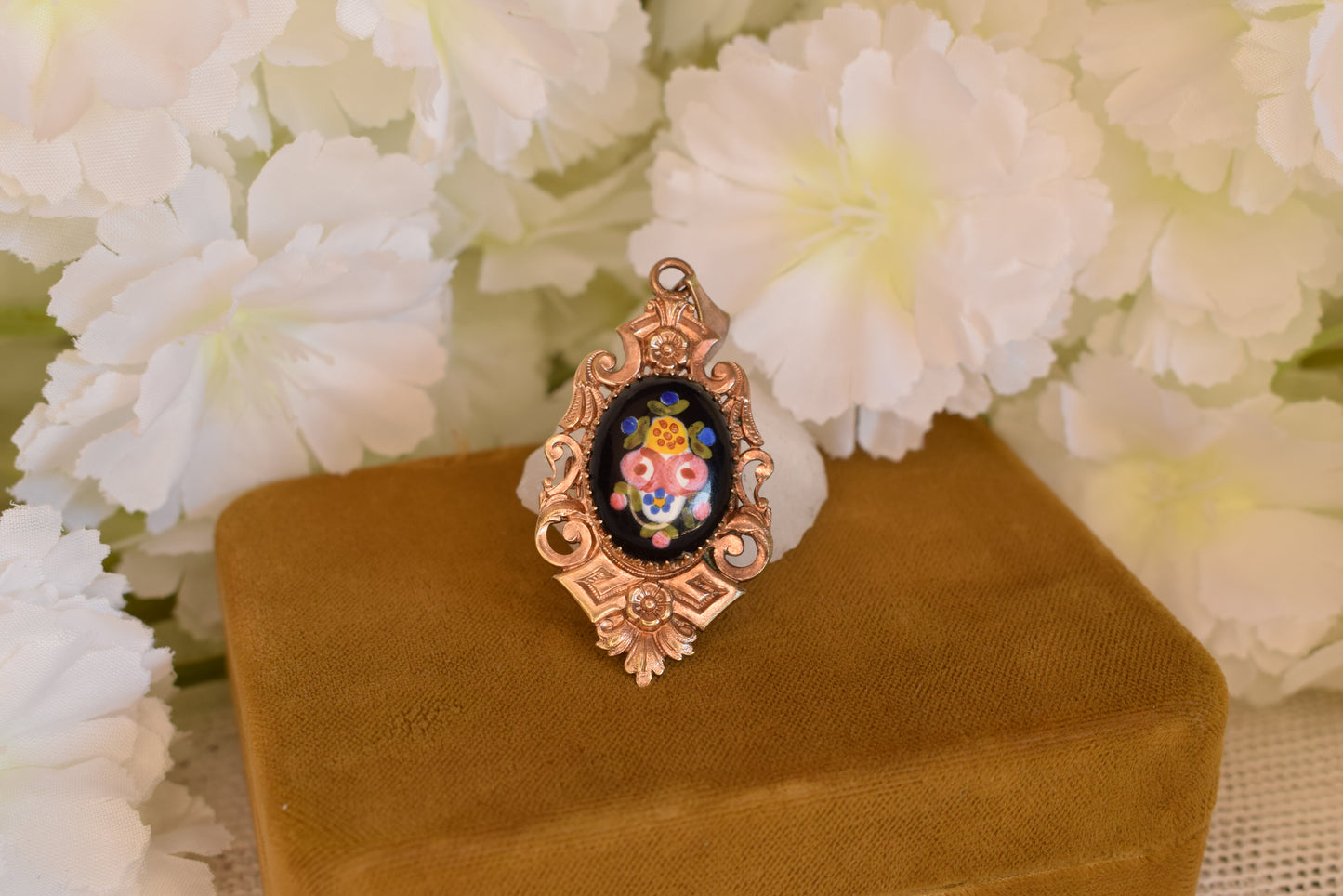 Antique Napoleon III Photo Locket Pendant Rose Gold Plated Hand-Painted Porcelain Flowers Victorian Necklace Circa 1880