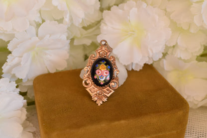 Antique Napoleon III Photo Locket Pendant Rose Gold Plated Hand-Painted Porcelain Flowers Victorian Necklace Circa 1880