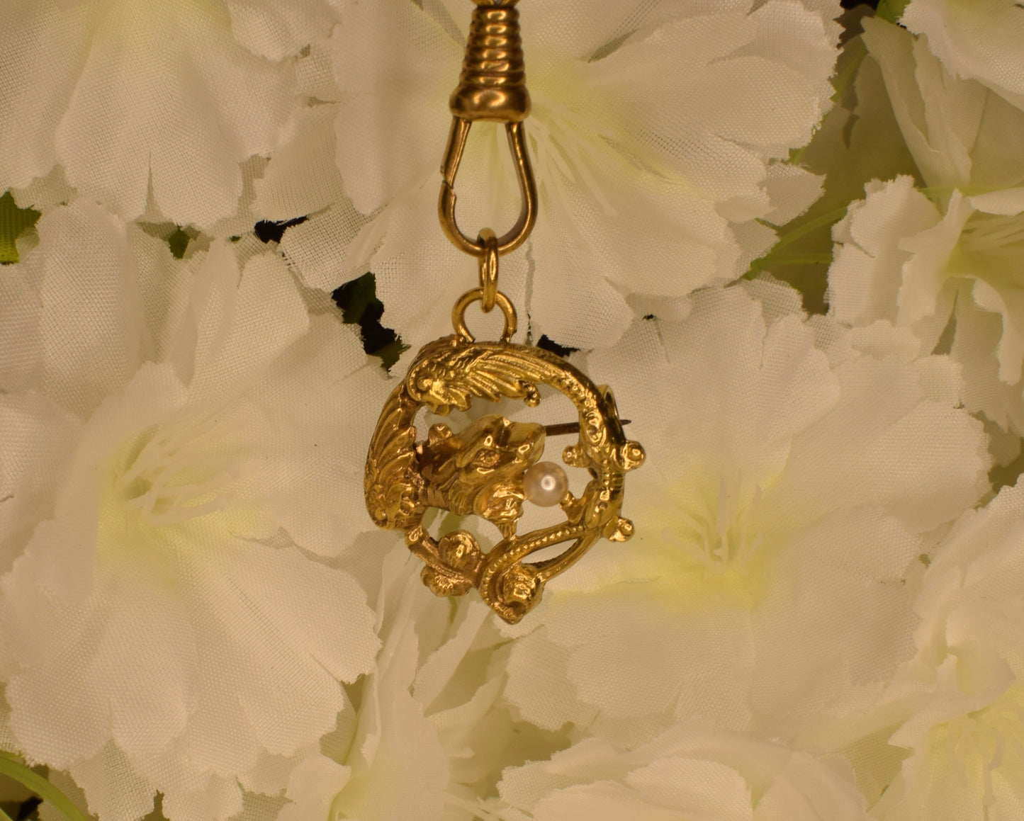 Antique Chimera Brooch Pendant, 24K Gold Plated, Pearl, Art Nouveau Style Vintage Jewelry