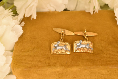 Antique Hare Cufflinks, Gold and Silver Plated, Edwardian Style circa 1900-1920, Vintage Hunt Motif Jewelry