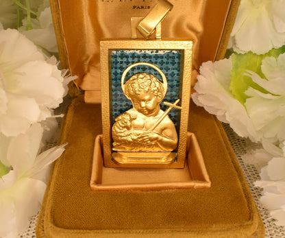 Art Deco Augis Gold Plated Religious Medal, Good Shepherd Child Jesus Lamb Pendant, French Vintage Blue Enamel, Signed Antique Jewelry