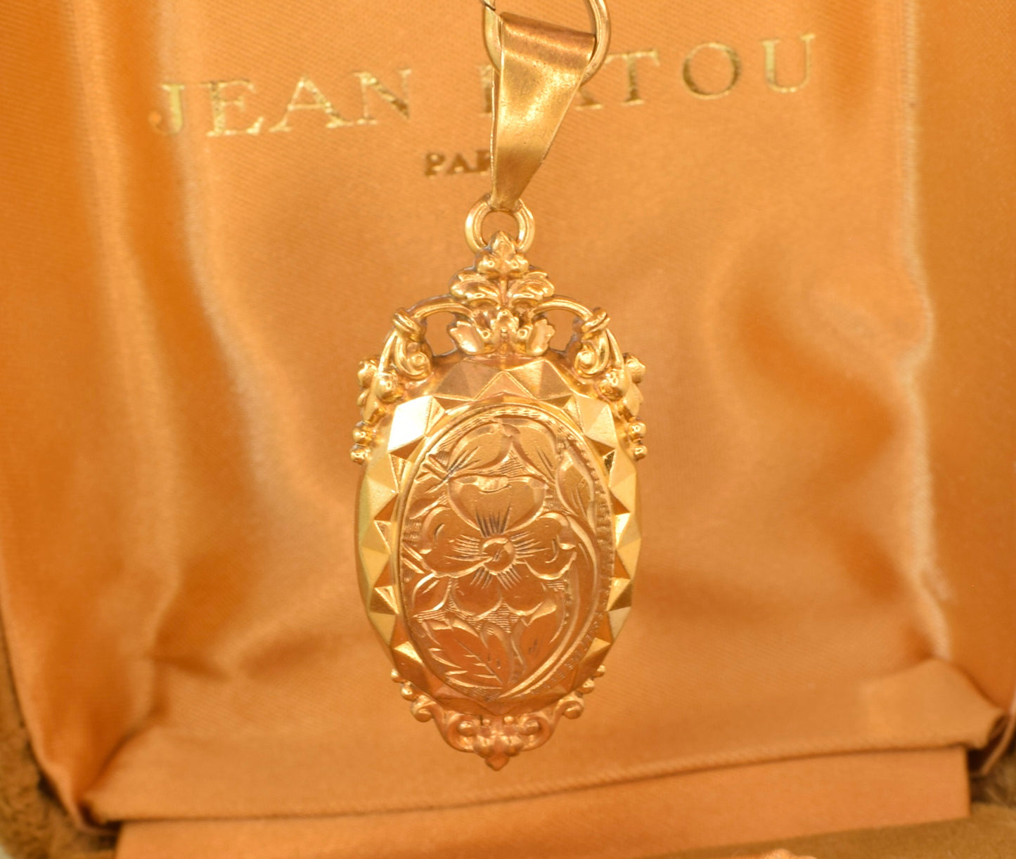 Antique Victorian Style Oval Locket Pendant, Gold Plated Floral Engraved Photo Locket, Ornate Crown Bail Diamond Cut