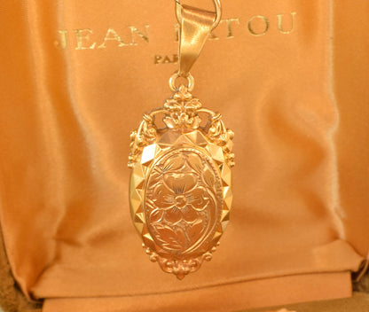 Antique Victorian Style Oval Locket Pendant, Gold Plated Floral Engraved Photo Locket, Ornate Crown Bail Diamond Cut