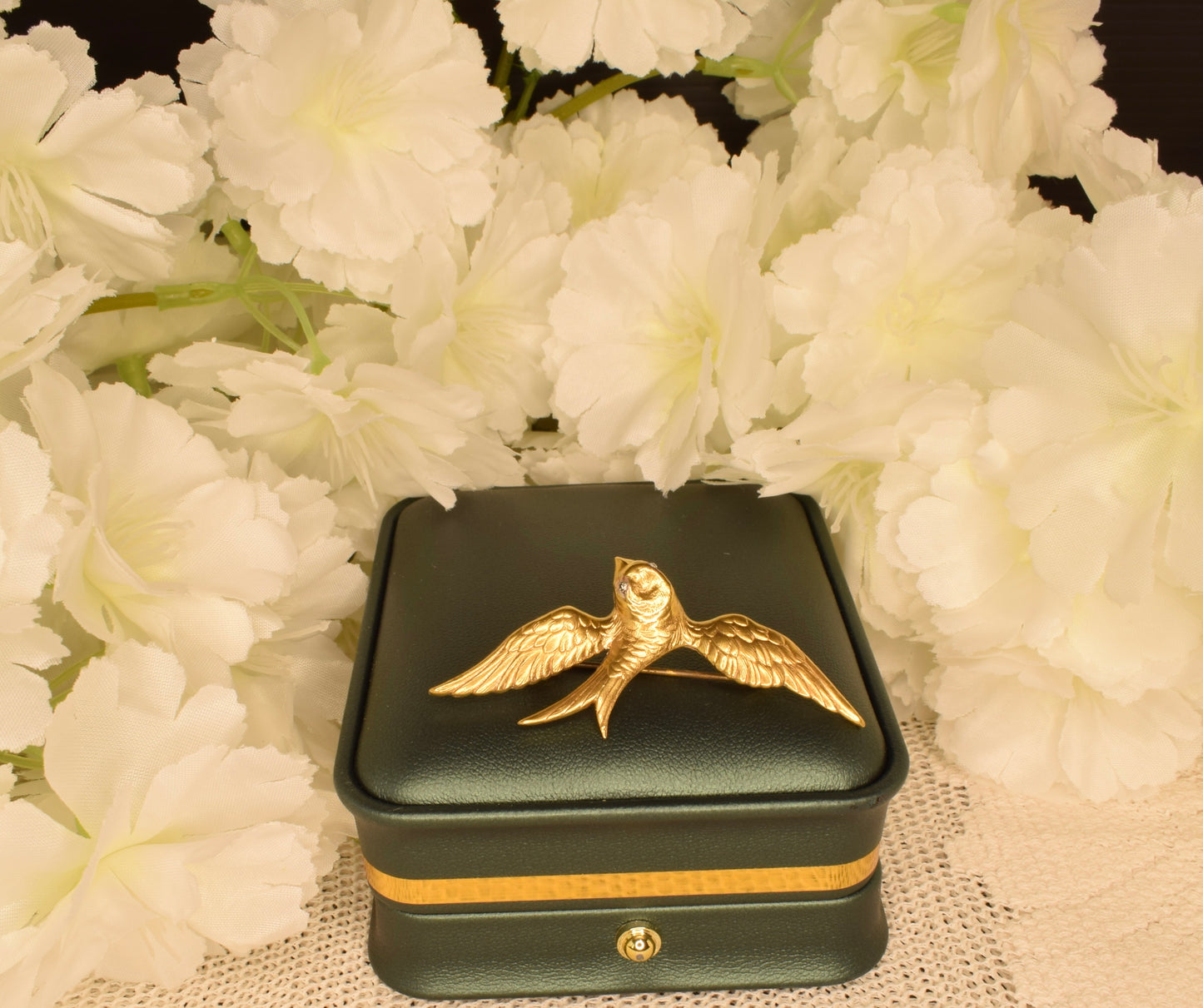 Vintage Swallow Bird Brooch, 24K Gold Plated, Rhinestone Eyes, Signed Fix, Antique French Jewelry, Bird Brooch with Spread Wings