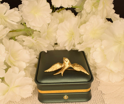 Vintage Swallow Bird Brooch, 24K Gold Plated, Rhinestone Eyes, Signed Fix, Antique French Jewelry, Bird Brooch with Spread Wings