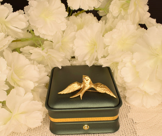Vintage Swallow Bird Brooch, 24K Gold Plated, Rhinestone Eyes, Signed Fix, Antique French Jewelry, Bird Brooch with Spread Wings
