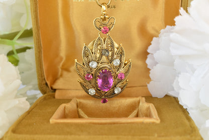Antique 19th Century Gold Plated Filigree Pendant Brooch, Cannetille Lotus Design, Pink Faceted Glass Paste, Convertible Locket, Victorian Jewelry