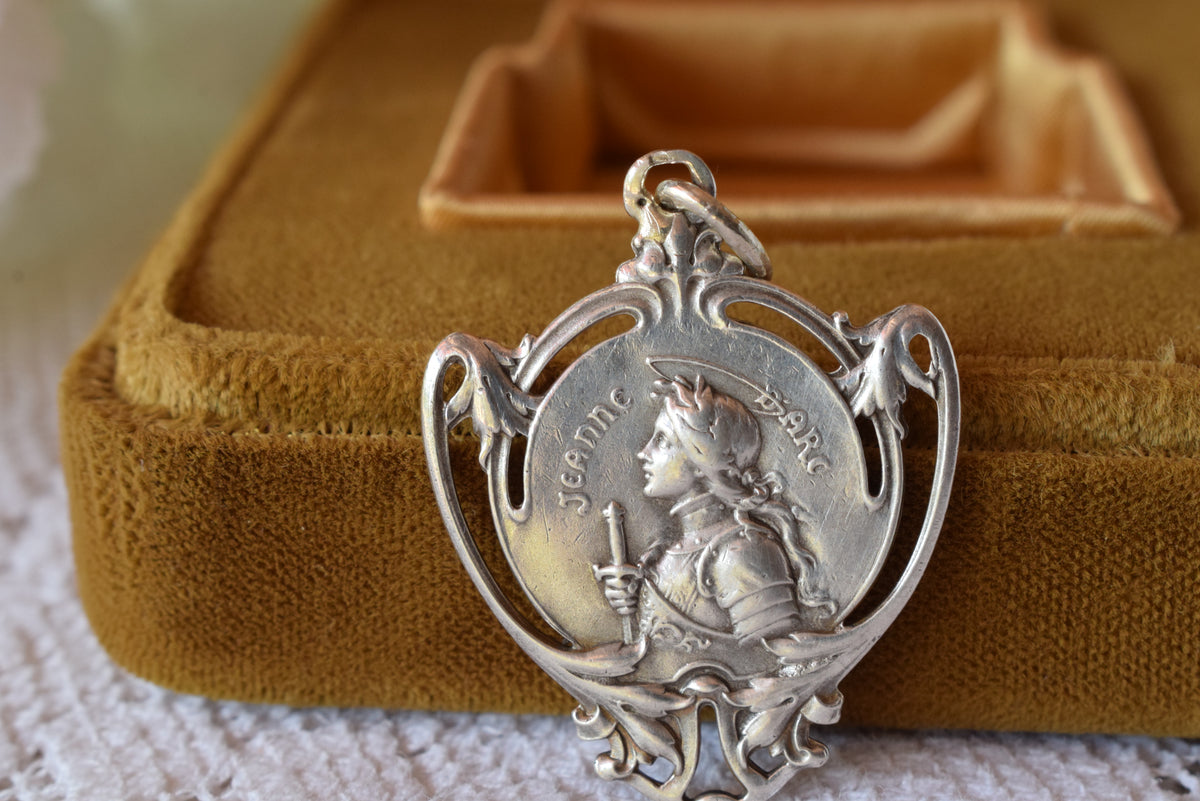 Antique Joan of Arc Medal Solid Silver 800 Art Nouveau Rare French Pendant 1900s