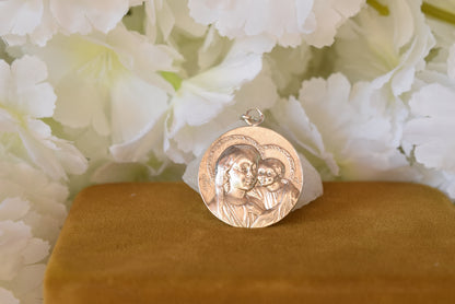 Antique Sterling Silver Madonna and Child Medal Signed KARO – French Religious Pendant with Lily, 25mm