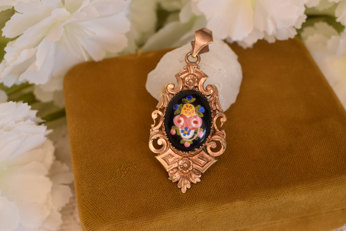 Antique Napoleon III Photo Locket Pendant Rose Gold Plated Hand-Painted Porcelain Flowers Victorian Necklace Circa 1880