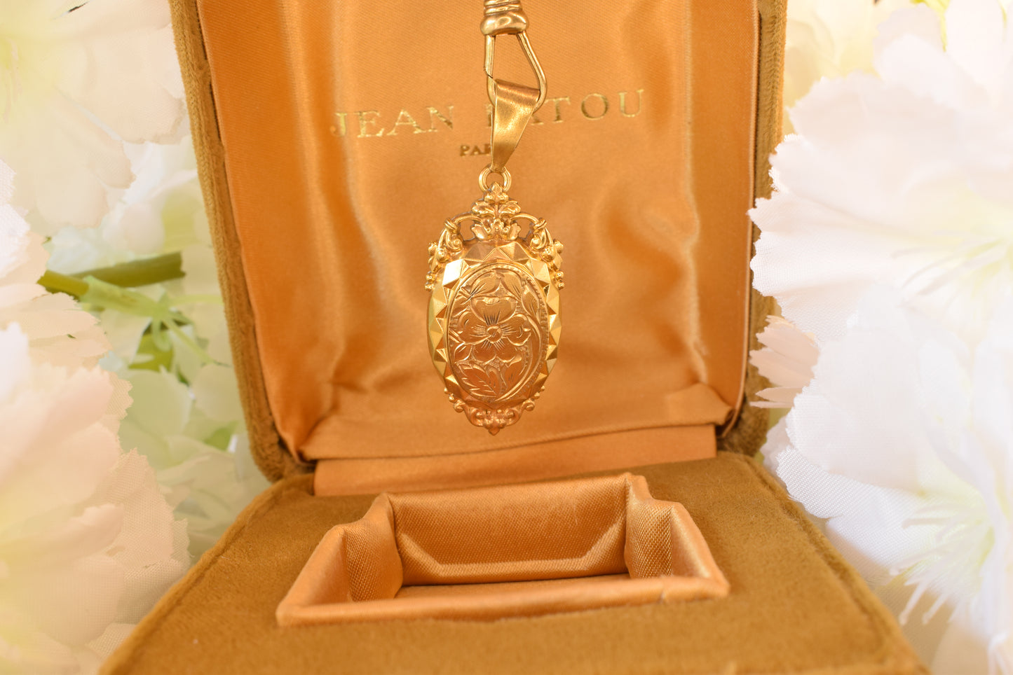 Antique Victorian Style Oval Locket Pendant, Gold Plated Floral Engraved Photo Locket, Ornate Crown Bail Diamond Cut