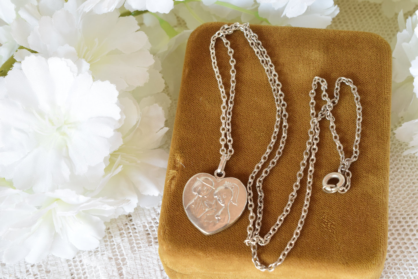 Antique French Sterling Silver Heart Pendant Necklace, "Les Amoureux de Peynet" Lovers Medallion, Vintage 1960s Romantic Charm, Signed Contaux