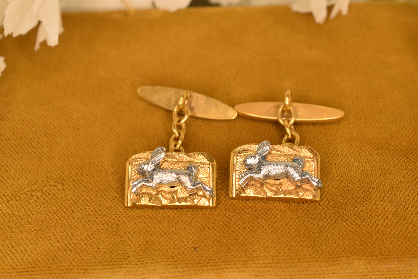 Antique Hare Cufflinks, Gold and Silver Plated, Edwardian Style circa 1900-1920, Vintage Hunt Motif Jewelry
