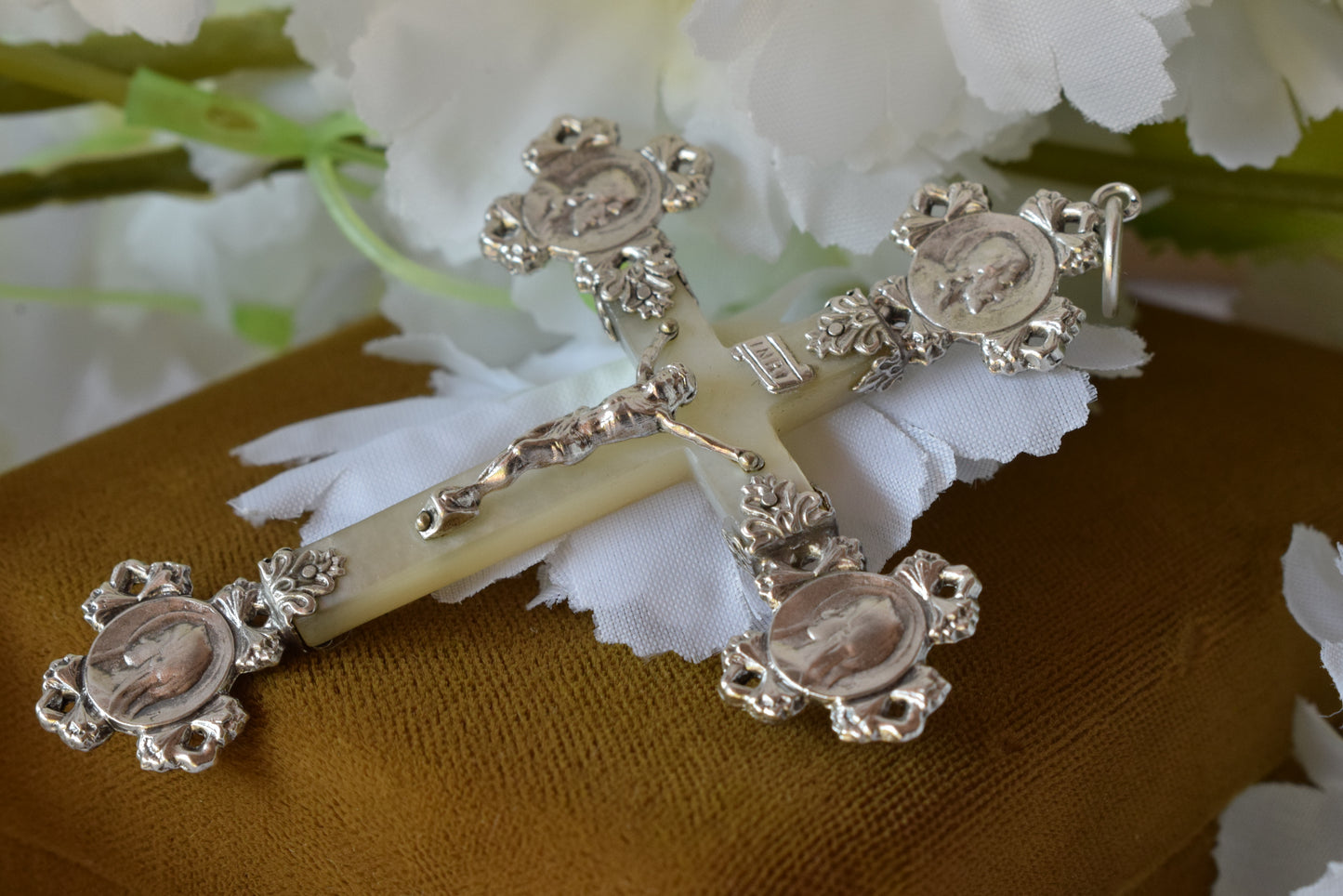 Antique French Silver Mother of Pearl Cross Pendant, Weevil "Charançon" Hallmark 800 Silver, Religious Crucifix with Christ & Virgin Mary Medallions, Belle Époque Mission Cross