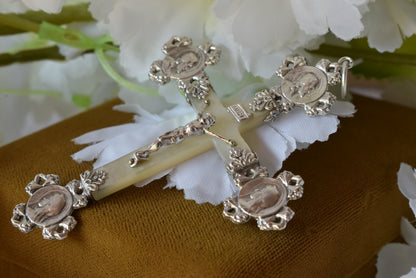 Antique French Silver Mother of Pearl Cross Pendant, Weevil "Charançon" Hallmark 800 Silver, Religious Crucifix with Christ & Virgin Mary Medallions, Belle Époque Mission Cross