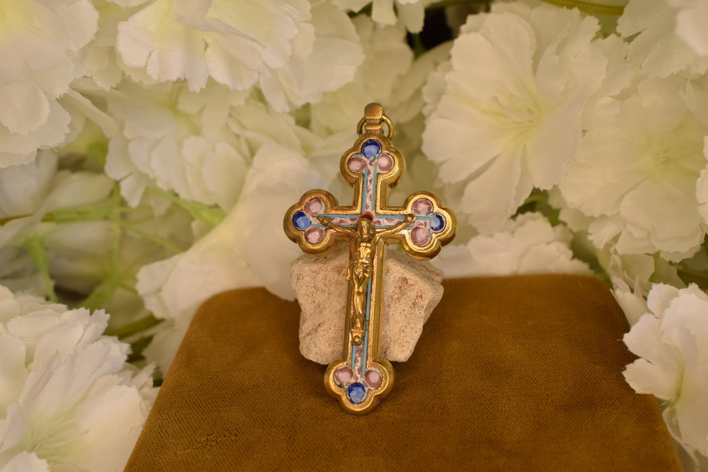 Antique Italian Pectoral Cross Micro-Ceramic Gilt Brass Crucifix Religious Antique Vatican Rome Souvenir Collectible Jewelry