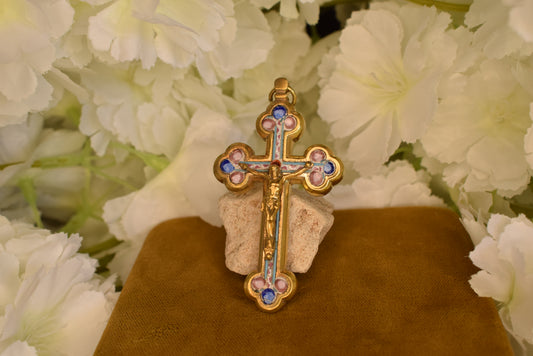 Antique Italian Pectoral Cross Micro-Ceramic Gilt Brass Crucifix Religious Antique Vatican Rome Souvenir Collectible Jewelry