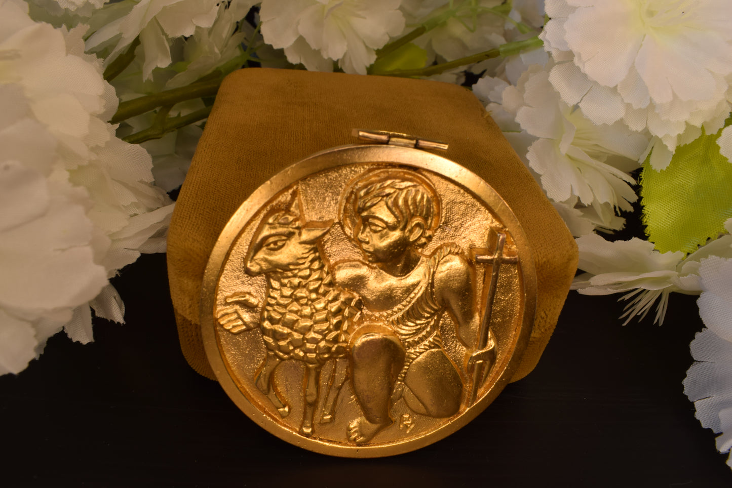 Antique Bronze Gilt Saint John the Baptist Medal, Gold Plated, Signed PY - Vintage Religious Medallion 5.8cm