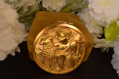 Antique Bronze Gilt Saint John the Baptist Medal, Gold Plated, Signed PY - Vintage Religious Medallion 5.8cm